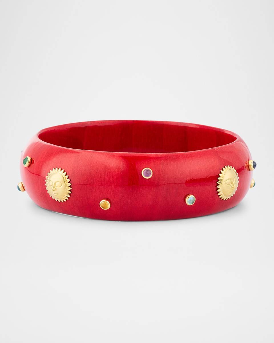 Red Lacquer Marquetry Bangle Bracelet with Multicolor Gemstones